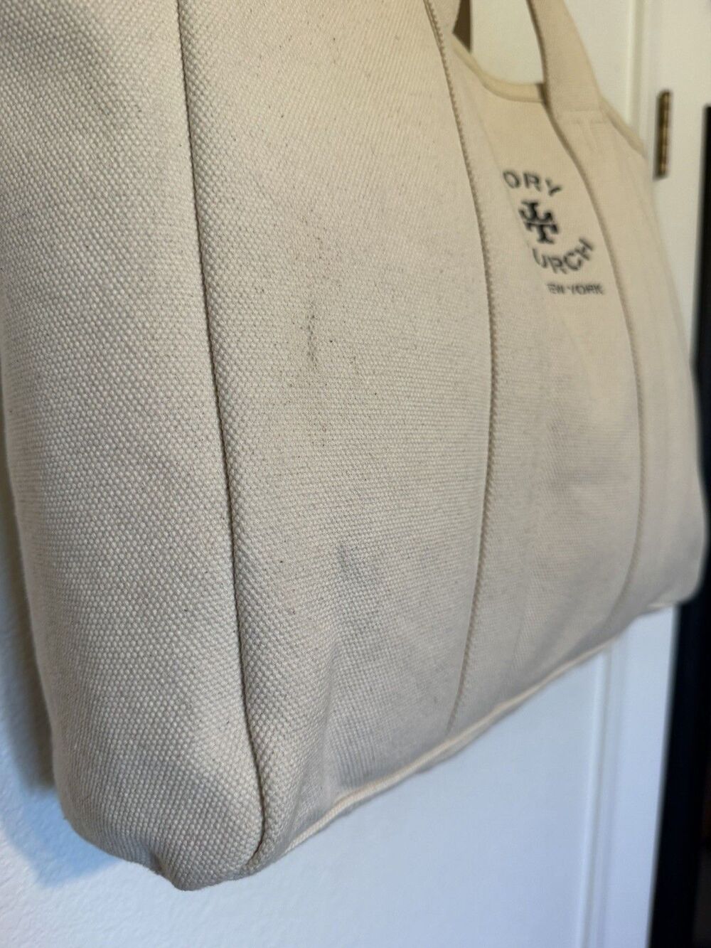 Tory Burch Large Canvas Tote Natural/Navy Blue Trim Market Shopper Beach 17x13 - Picture 7 of 15